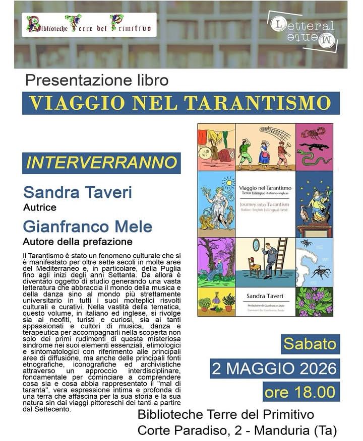Presentazione del libro “Viaggio nel tarantismo”, Manduria 2 maggio&nbsp;2026
