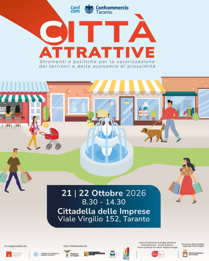 Manduria aderisce a “Città Attrattive”: a Taranto due giorni su commercio, giovani e rigenerazione urbana, 21-22 ottobre&nbsp;2026